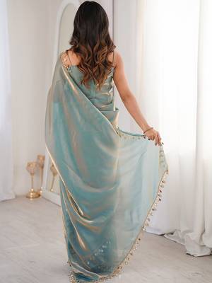 Women's shimmer silk mirror work saree with blouse piece 4