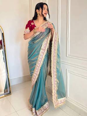 Women's shimmer silk traditional motiff embroidered saree with blouse piece 2