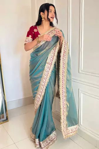 Women's shimmer silk traditional motiff embroidered saree with blouse piece