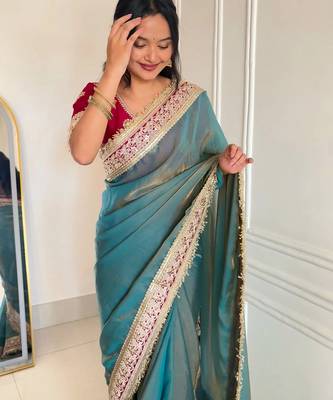 Women's shimmer silk traditional motiff embroidered saree with blouse piece 3