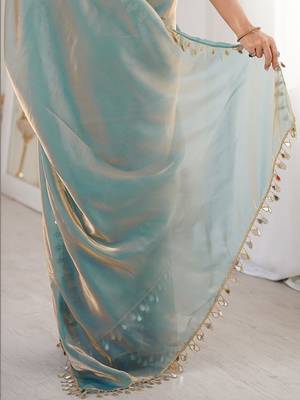 Women's shimmer silk mirror work saree with blouse piece 5