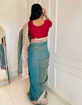 Women's shimmer silk traditional motiff embroidered saree with blouse piece 4