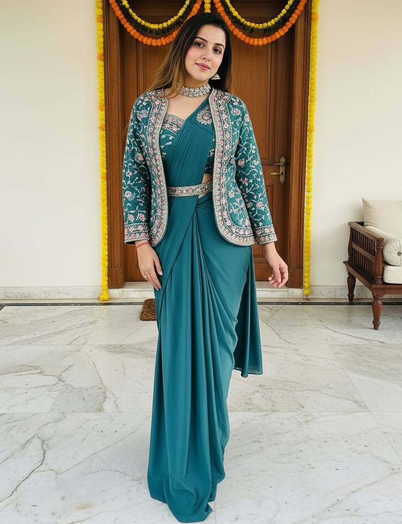 Women's silk floral motiff embroidered ready to wear saree with blouse koti
