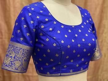 Mustard blue silk blend banarasi saree with unstitched blouse piece 5