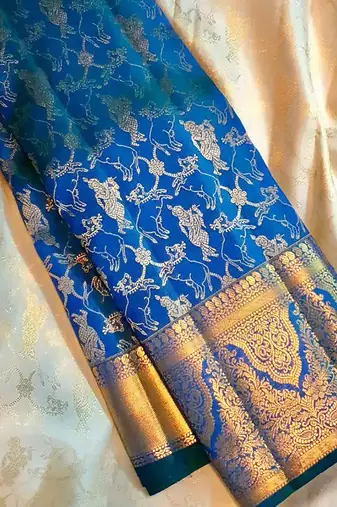 Blue soft silk blend banarasi jacuard work designer saree with blouse