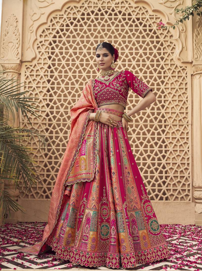 Banarasi Silk Lehenga Choli with Zari, Sequins & Swarovski Work for Wedding & Reception