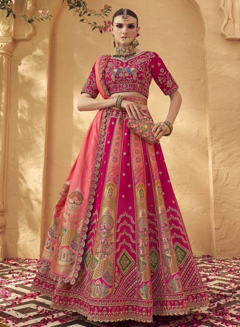 Banarasi Silk Lehenga Choli with Zari, Sequins & Swarovski Work for Wedding & Reception