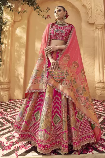 Banarasi Silk Lehenga Choli with Zari, Sequins & Swarovski Work for Wedding & Reception