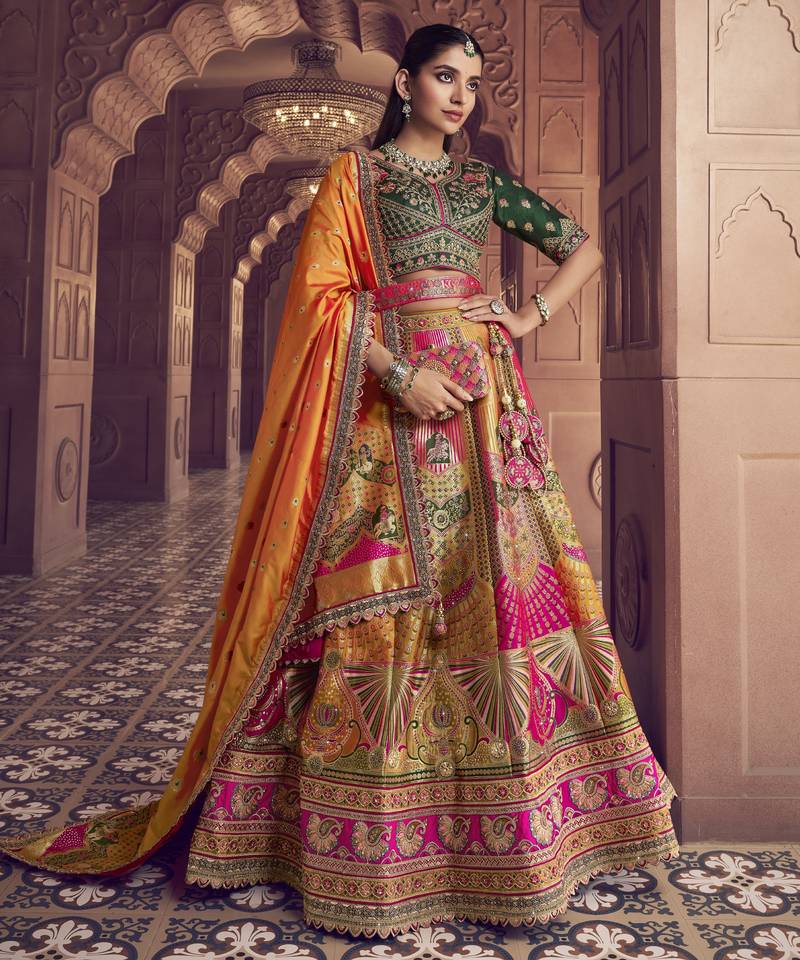 Banarasi Silk Lehenga Choli with Zari, Sequins & Swarovski Work for Wedding & Reception