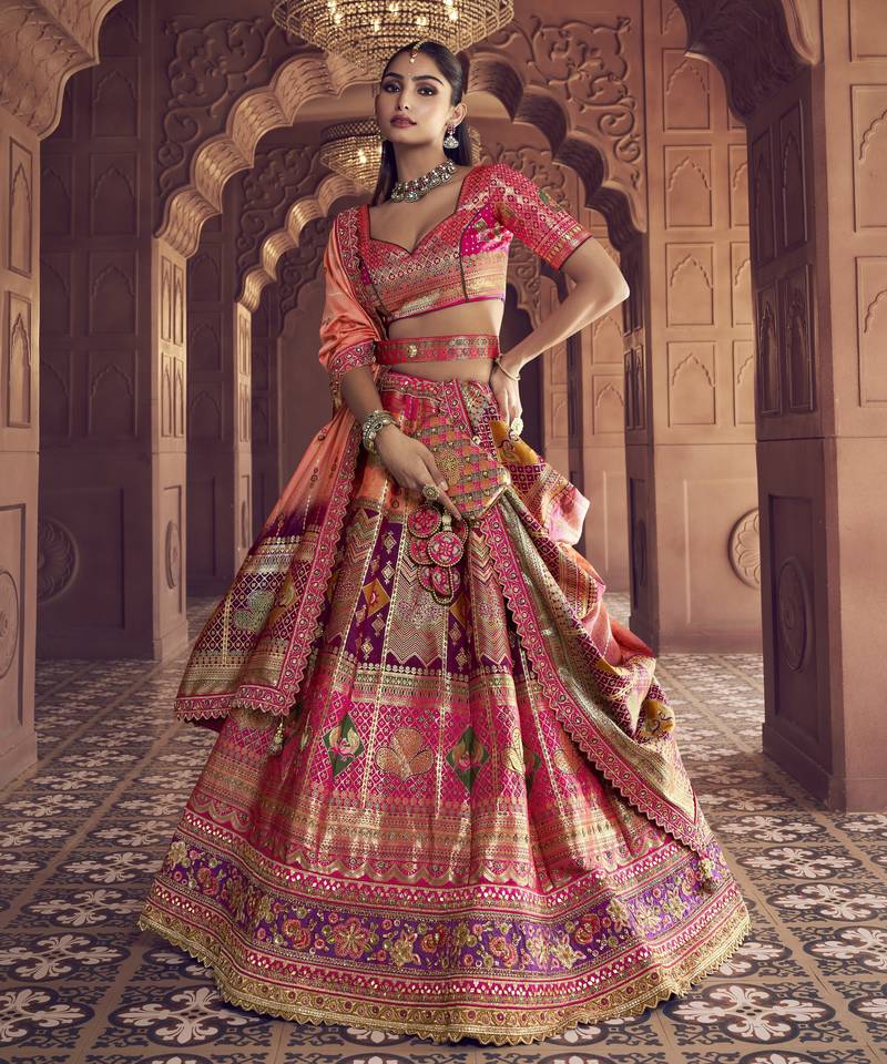 Banarasi Silk Lehenga Choli with Zari, Sequins & Swarovski Work for Wedding & Reception