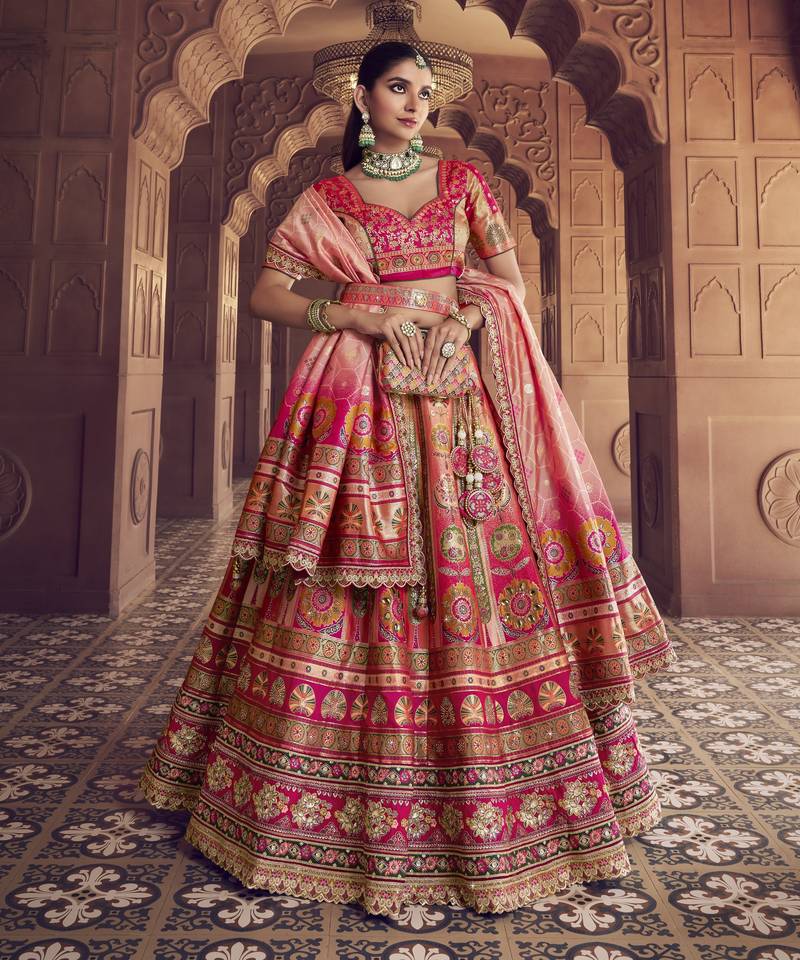 Banarasi Silk Lehenga Choli with Zari, Sequins & Swarovski Work for Wedding & Reception