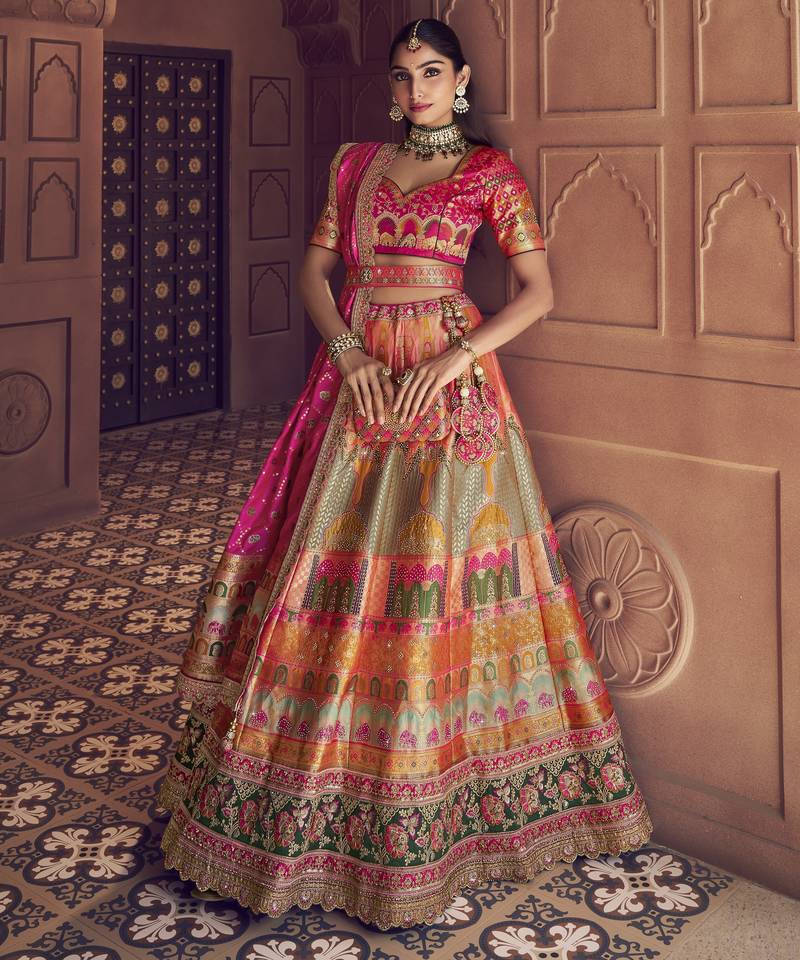 Banarasi Silk Lehenga Choli with Zari, Sequins & Swarovski Work for Wedding & Reception