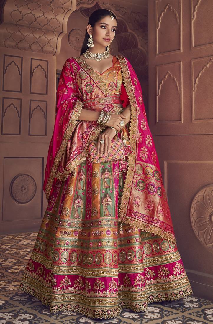 Banarasi Silk Lehenga Choli with Zari, Sequins & Swarovski Work for Wedding & Reception