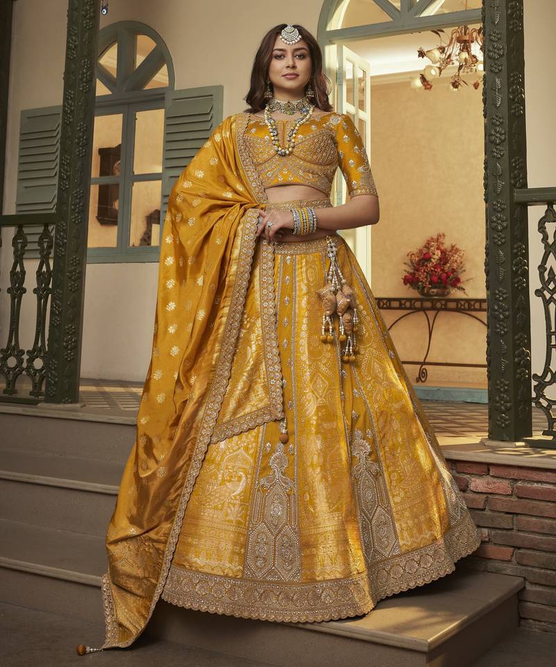 Banarasi Silk Lehenga Choli with Zari, Sequins & Swarovski Work for Wedding & Reception