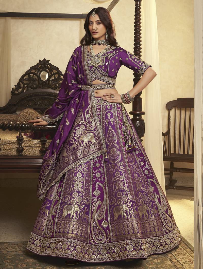 Banarasi Silk Lehenga Choli with Zari, Sequins & Swarovski Work for Wedding & Reception