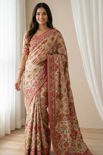 New Designer Roman Silk Real Mirror work Women's Saree With Blouse Set