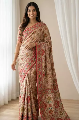 New Designer Roman Silk Real Mirror work Women's Saree With Blouse Set