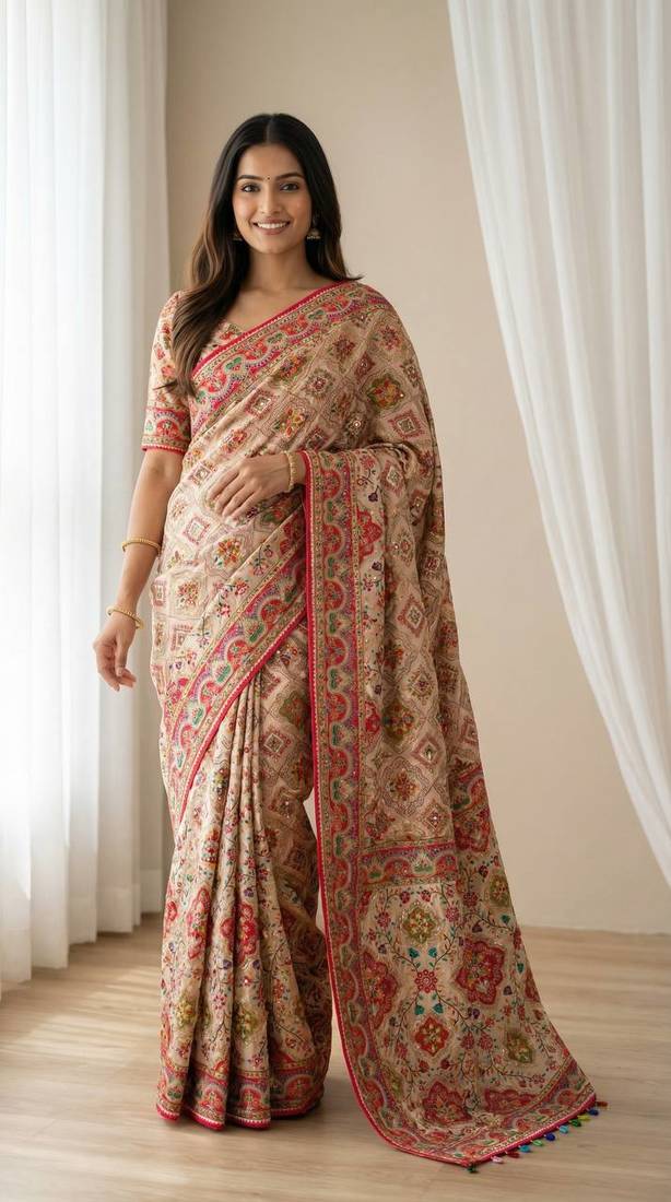 New Designer Roman Silk Real Mirror work Women's Saree With Blouse Set