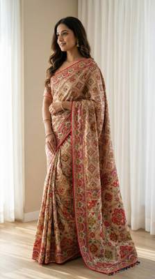multicolor designer roman silk saree with mirror work 2