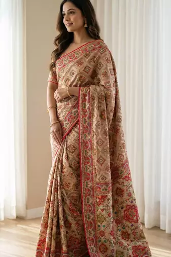 New Designer Roman Silk Real Mirror work Women's Saree With Blouse Set