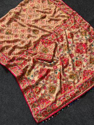 multicolor designer roman silk saree with mirror work 4