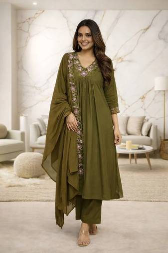 Green Cotton Embroidered Neck Yoke With Pant and Dupatta 3pc
