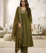 Green Cotton Embroidered Neck Yoke With Pant and Dupatta 3pc