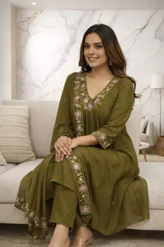 Green Cotton Embroidered Neck Yoke With Pant and Dupatta 3pc