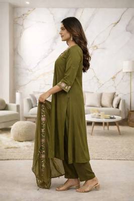 Green Cotton Embroidered Neck Yoke With Pant and Dupatta 3pc 3