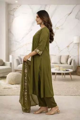 Green Cotton Embroidered Neck Yoke With Pant and Dupatta 3pc