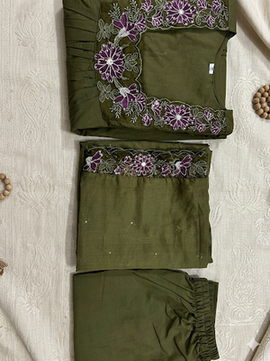 Green Cotton Embroidered Neck Yoke With Pant and Dupatta 3pc 4