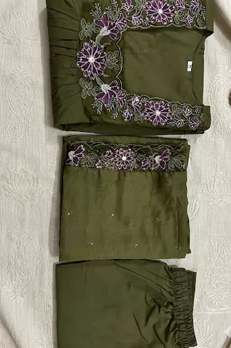 Green Cotton Embroidered Neck Yoke With Pant and Dupatta 3pc
