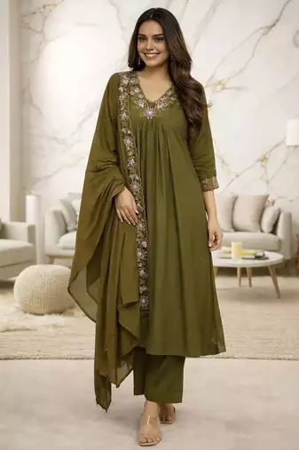 Green Cotton Embroidered Neck Yoke With Pant and Dupatta 3pc