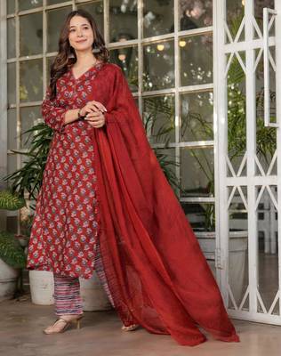  printed red cotton kurta set 1
