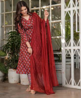  printed red cotton kurta set 2
