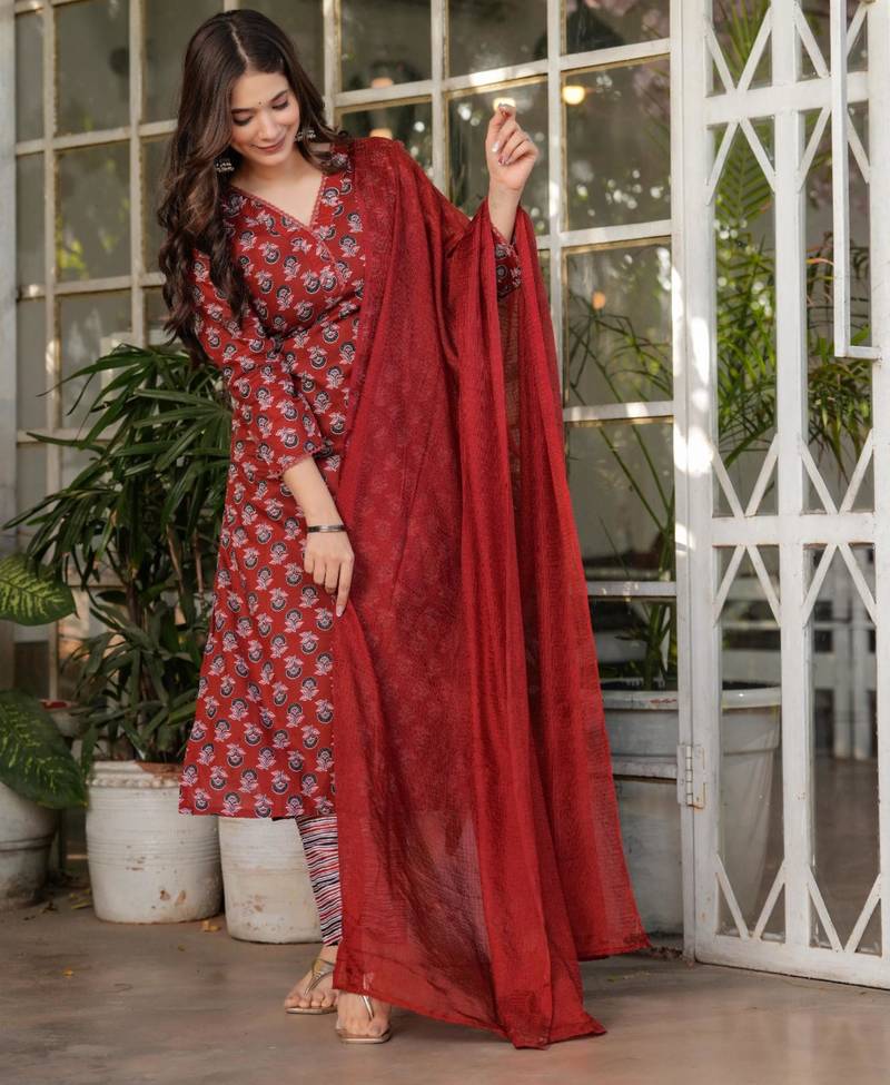  printed red cotton kurta set