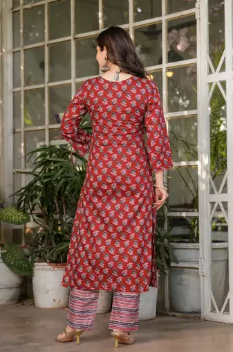  printed red cotton kurta set