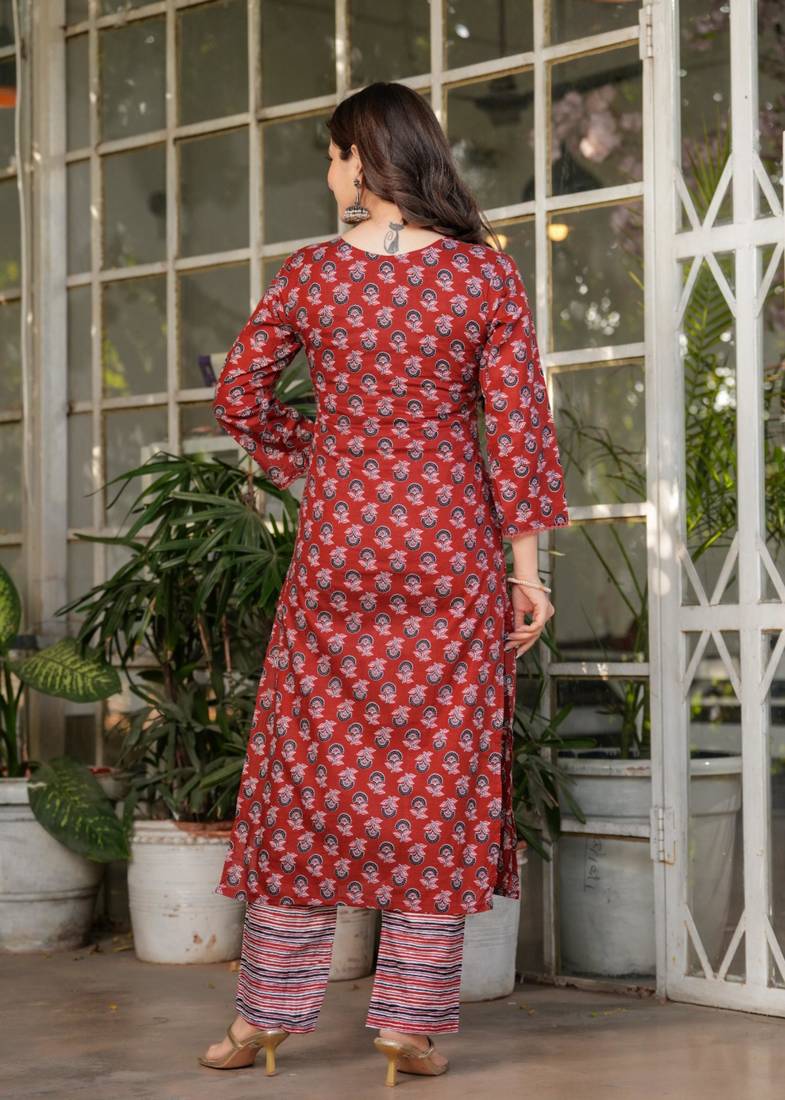  printed red cotton kurta set