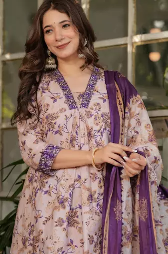 pastel purple floral  printed kurta set