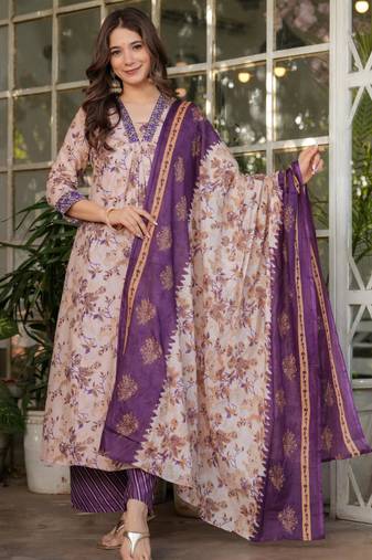 pastel purple floral  printed kurta set