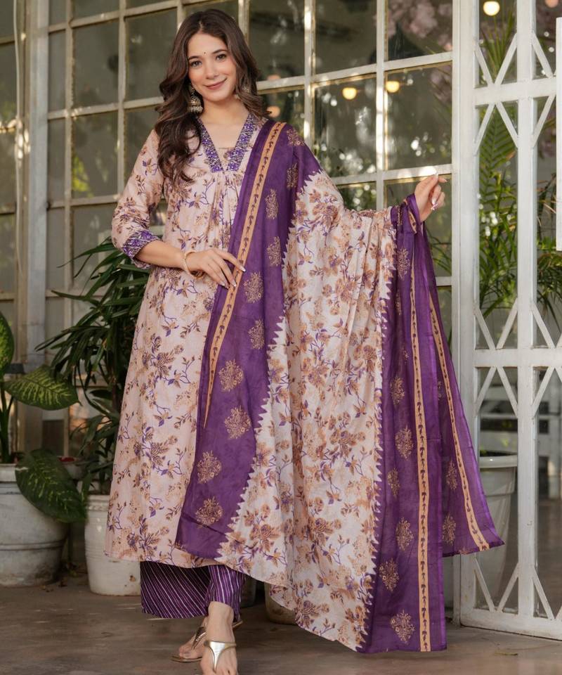 pastel purple floral  printed kurta set