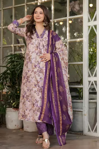 pastel purple floral  printed kurta set
