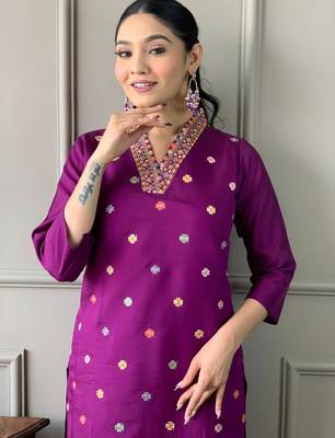 purple silk blended embroidered kurta 5