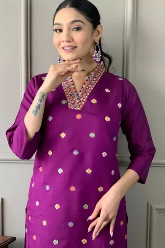 purple silk blended embroidered kurta