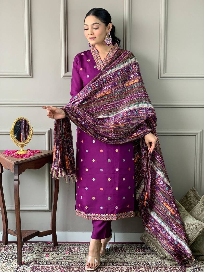 purple silk blended embroidered kurta
