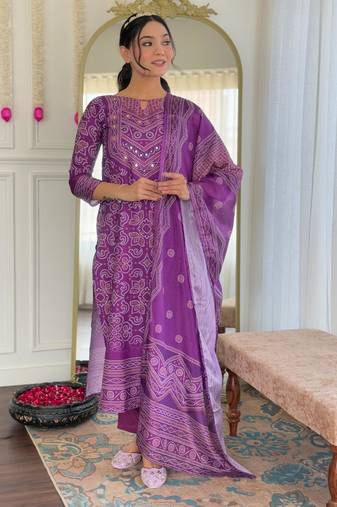 lavander bandhani printed kurta set
