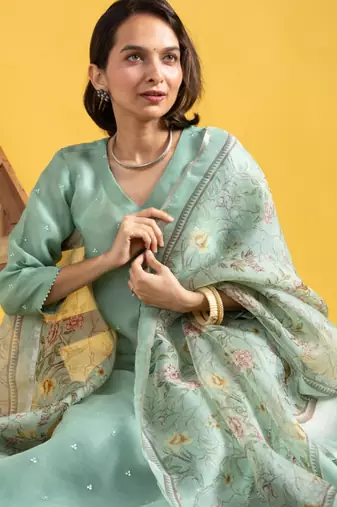 pastel green silk blended kurta set