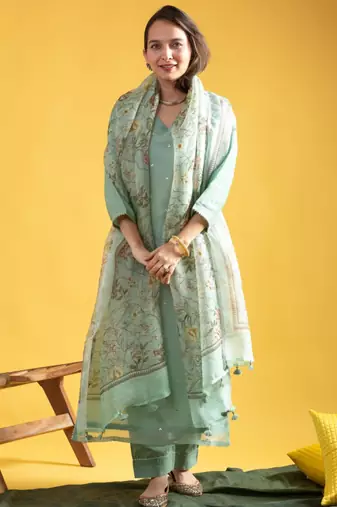 pastel green silk blended kurta set