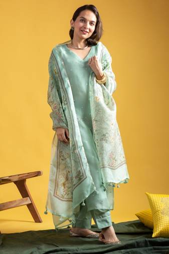 pastel green silk blended kurta set