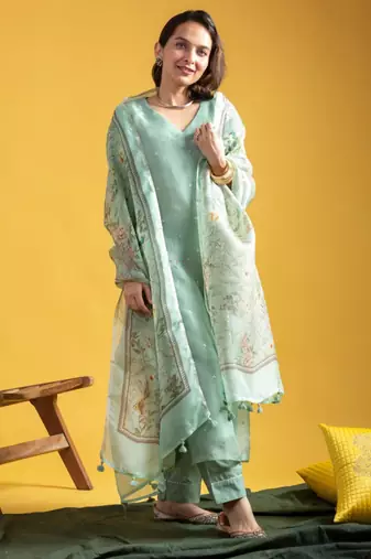 pastel green silk blended kurta set